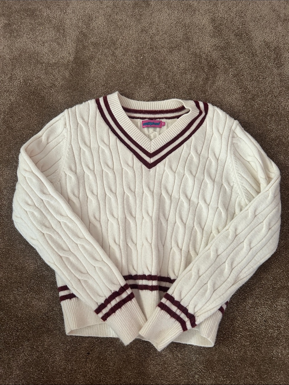 Edikted Cream V-Neck Cable Knit Sweater with Maroon Stripe Trim